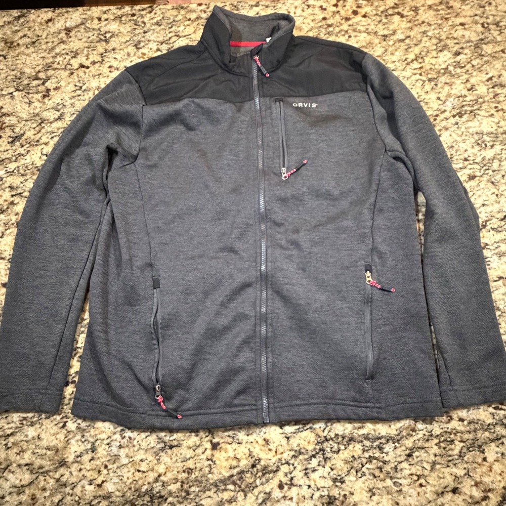Orvis Mens Full Zip Fleece Jacket Gray Black  Mock Neck Size Medium‎